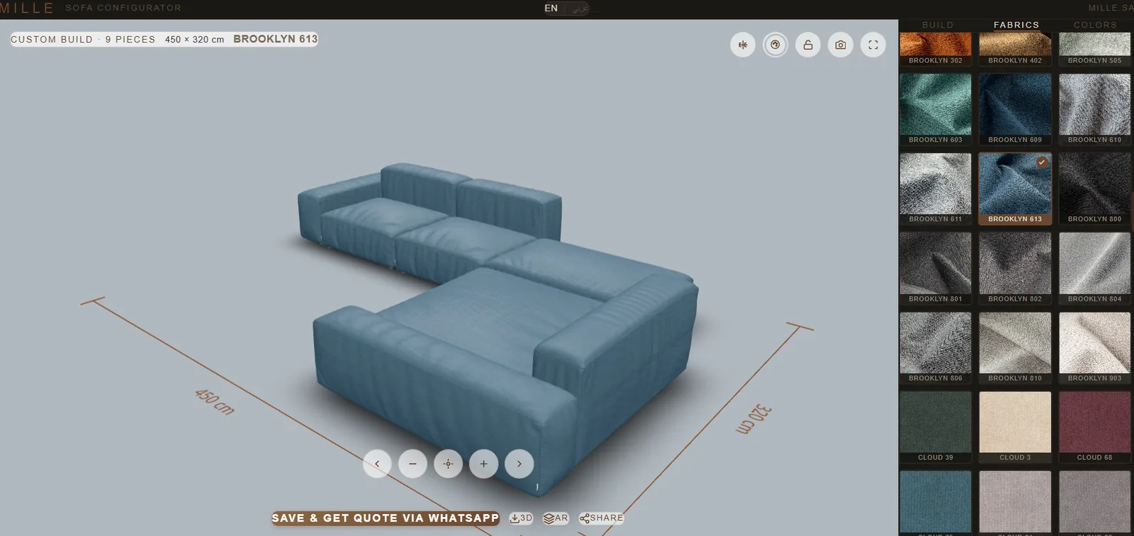 Real-time PBR fabric swap in Mille Studio — luxury upholstery materials applied to a sofa instantly