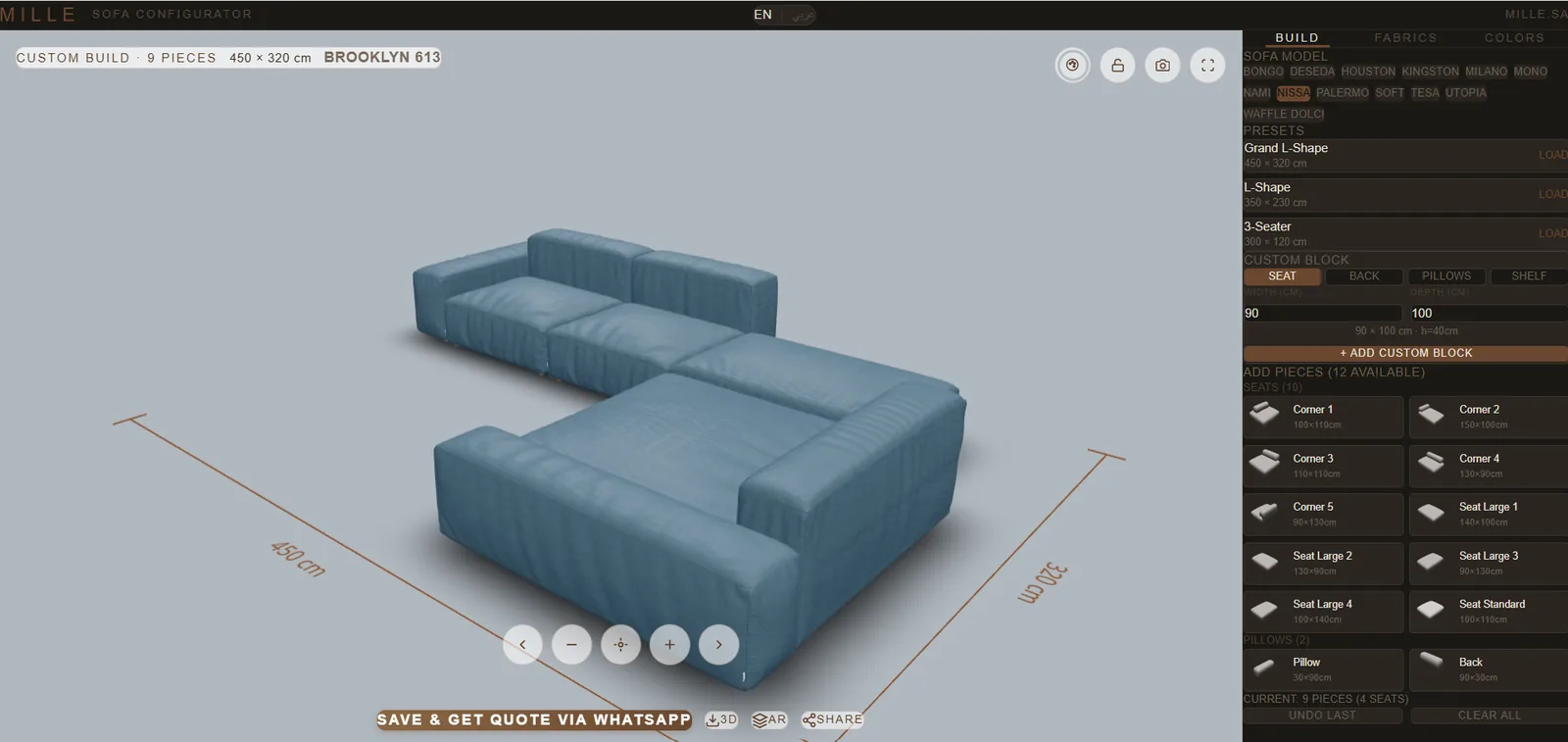 Mille Studio interface overview showing 3D viewport, sofa model selector, fabric library, and dimension lines