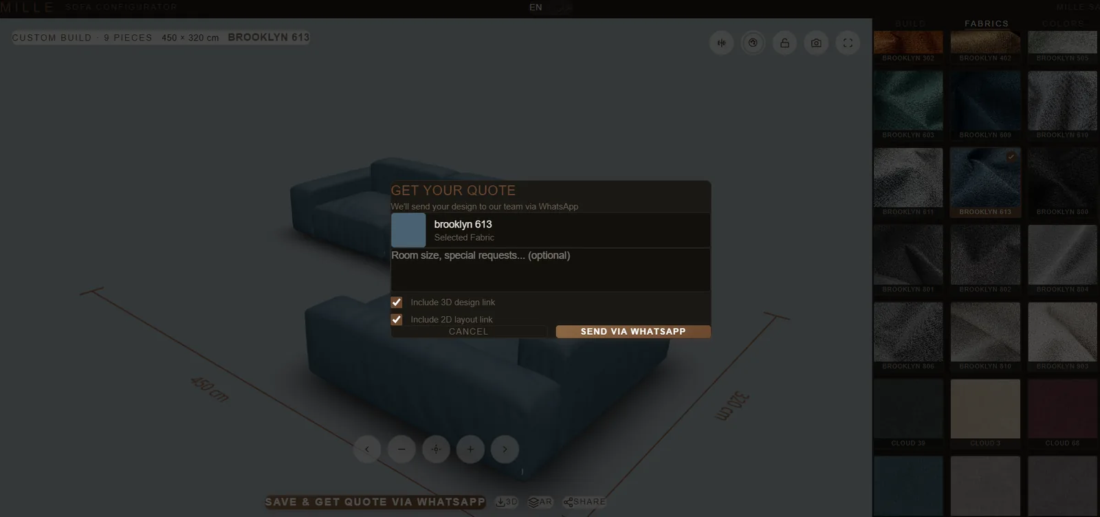 Mille Studio Get Your Quote modal — send 3D sofa design directly to the Mille team via WhatsApp with 3D and 2D layout links attached