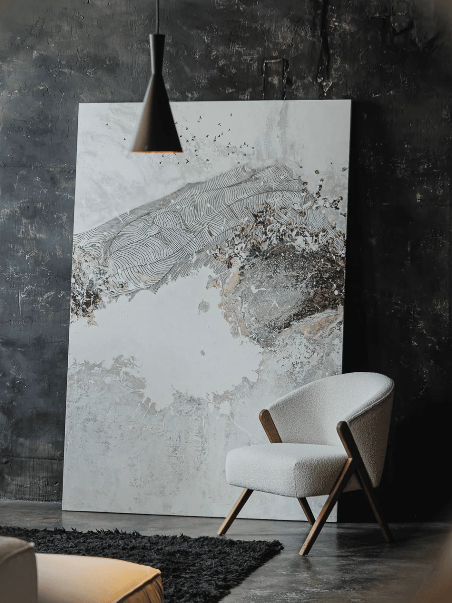 Sculptural Form art panel in a warm, neutral Riyadh interior