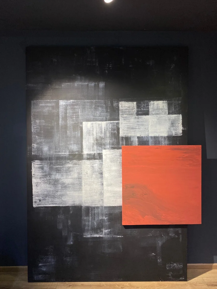 Geometric Blocks art panel in a warm, neutral Riyadh interior